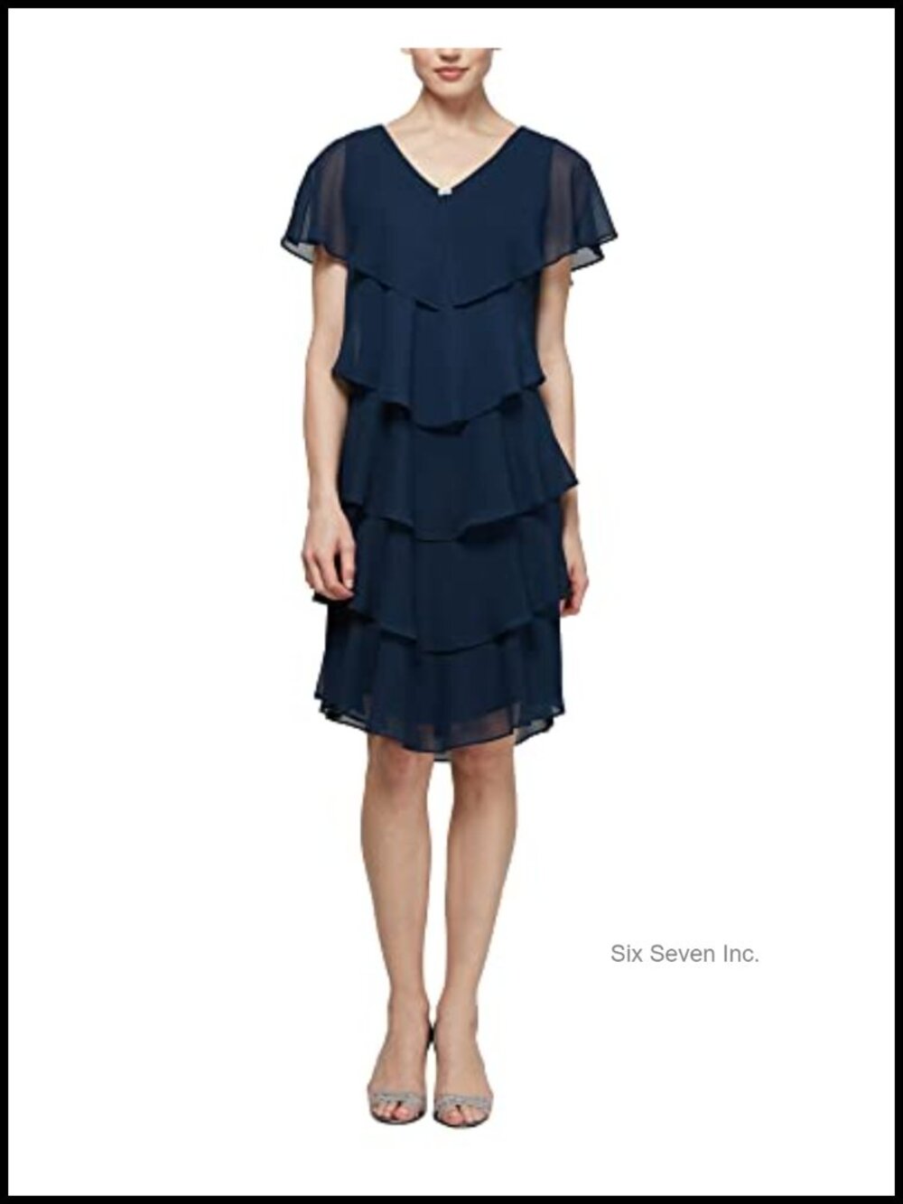 Tiered Chiffon Cocktail Dress with Rhinestone Brooch V-Neck A-Line Formal Gown